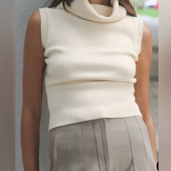 Zara Tops - Zara Cream Sleeveless Turtleneck Ribbed Knit Top